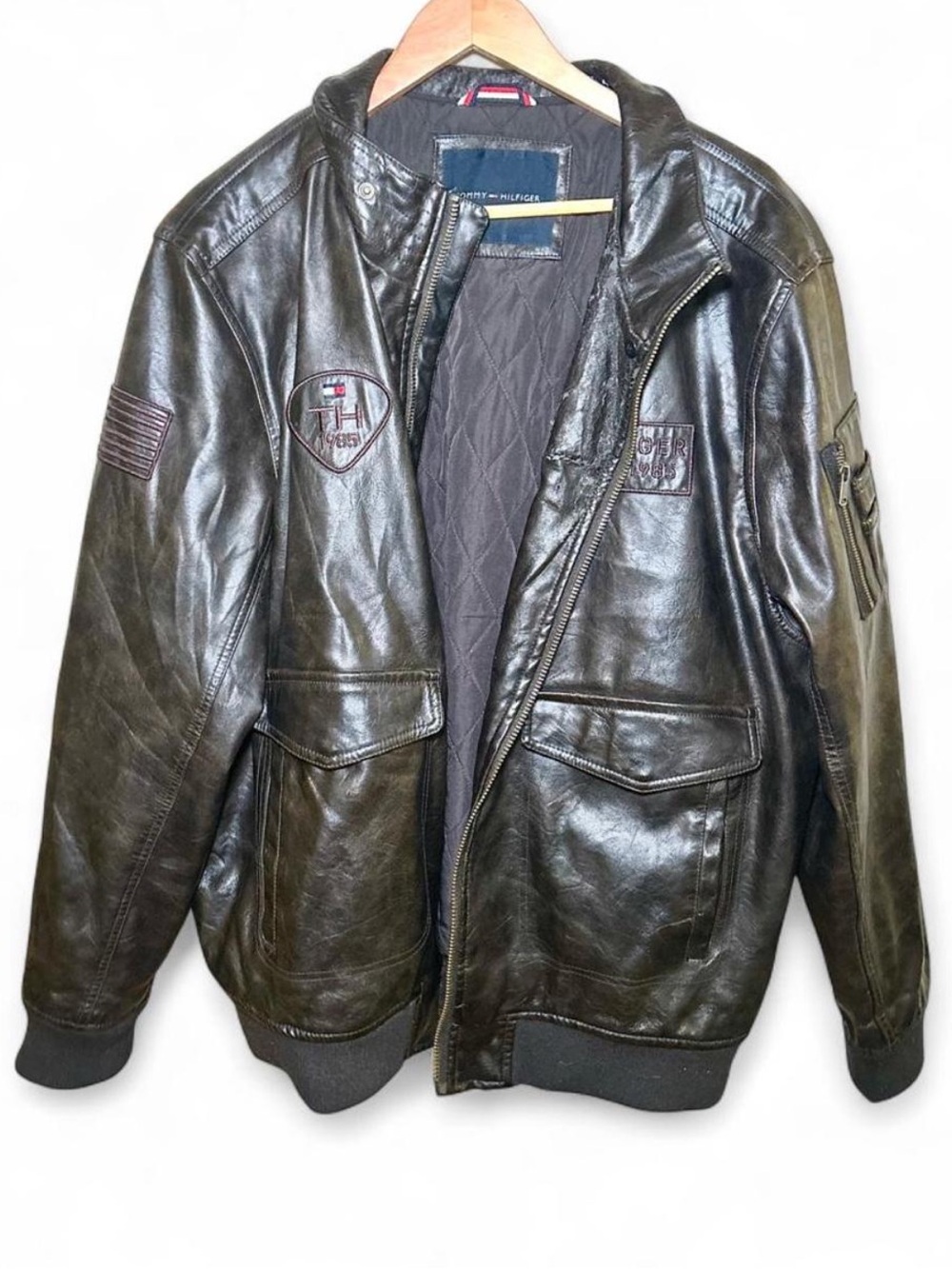 Tommy Hilfiger Men’s Aviator Bomber Leather Jacket Vintage Dark Brown XXL